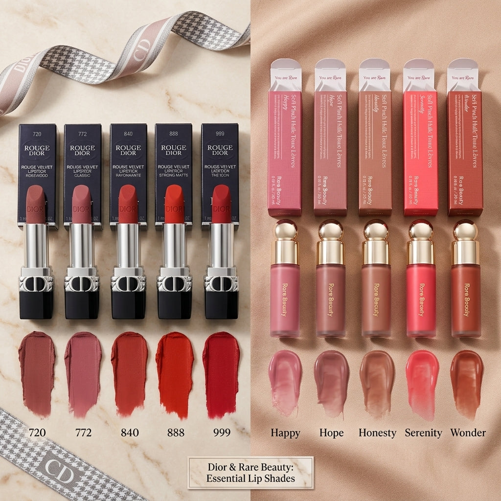 Velvet & Glow - Dior Lipstick & Rare Beauty Lip Oil