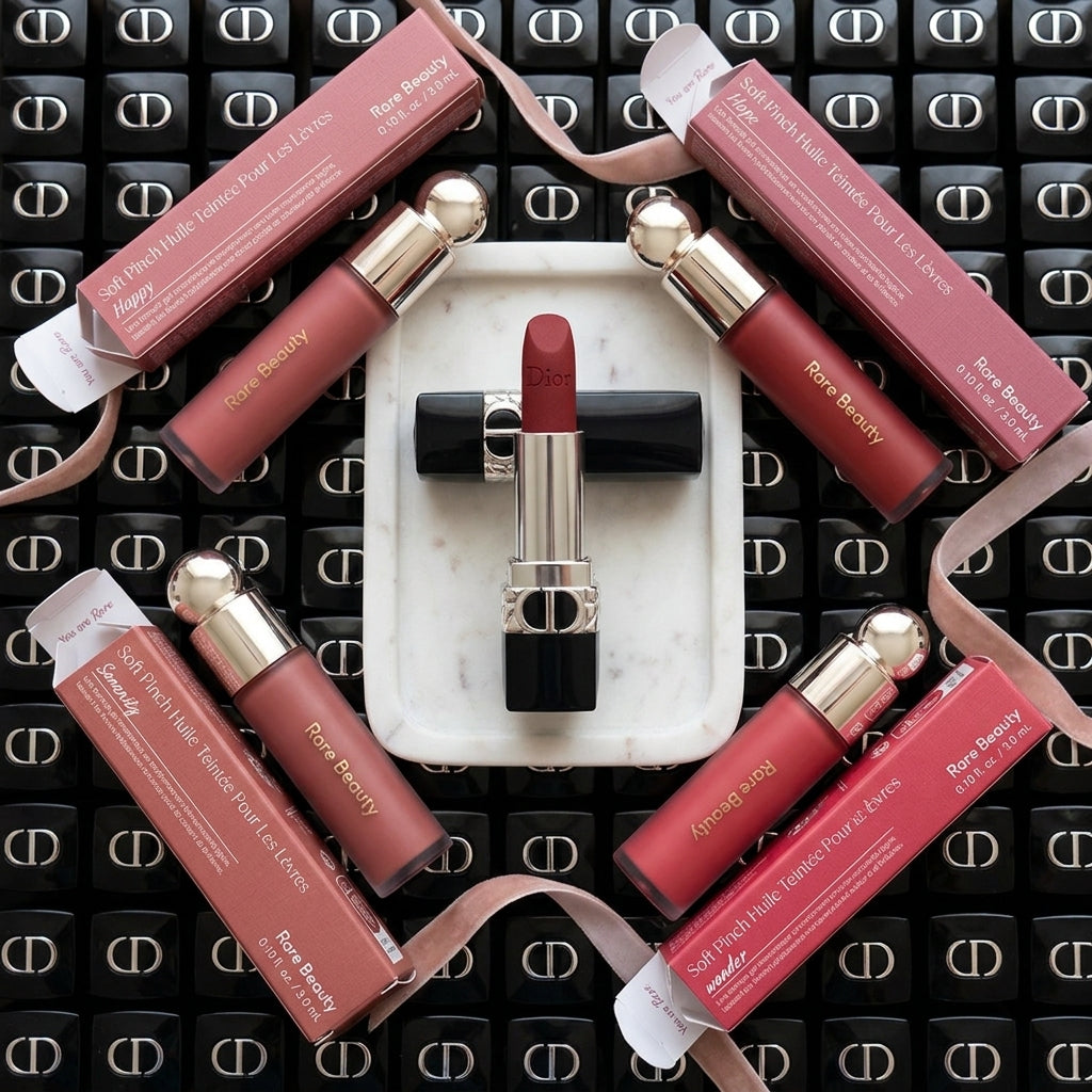 Velvet & Glow - Dior Lipstick & Rare Beauty Lip Oil