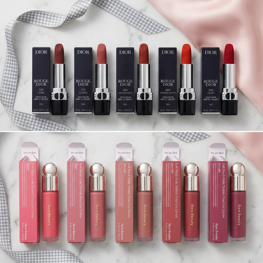Velvet & Glow - Dior Lipstick & Rare Beauty Lip Oil