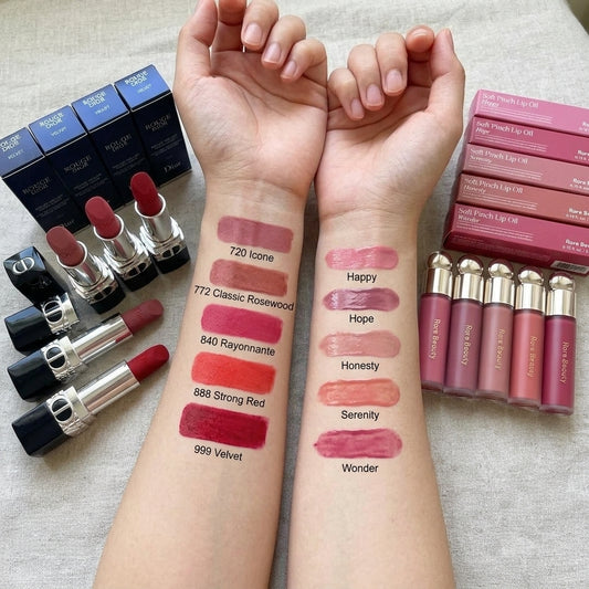 Velvet & Glow - Dior Lipstick & Rare Beauty Lip Oil