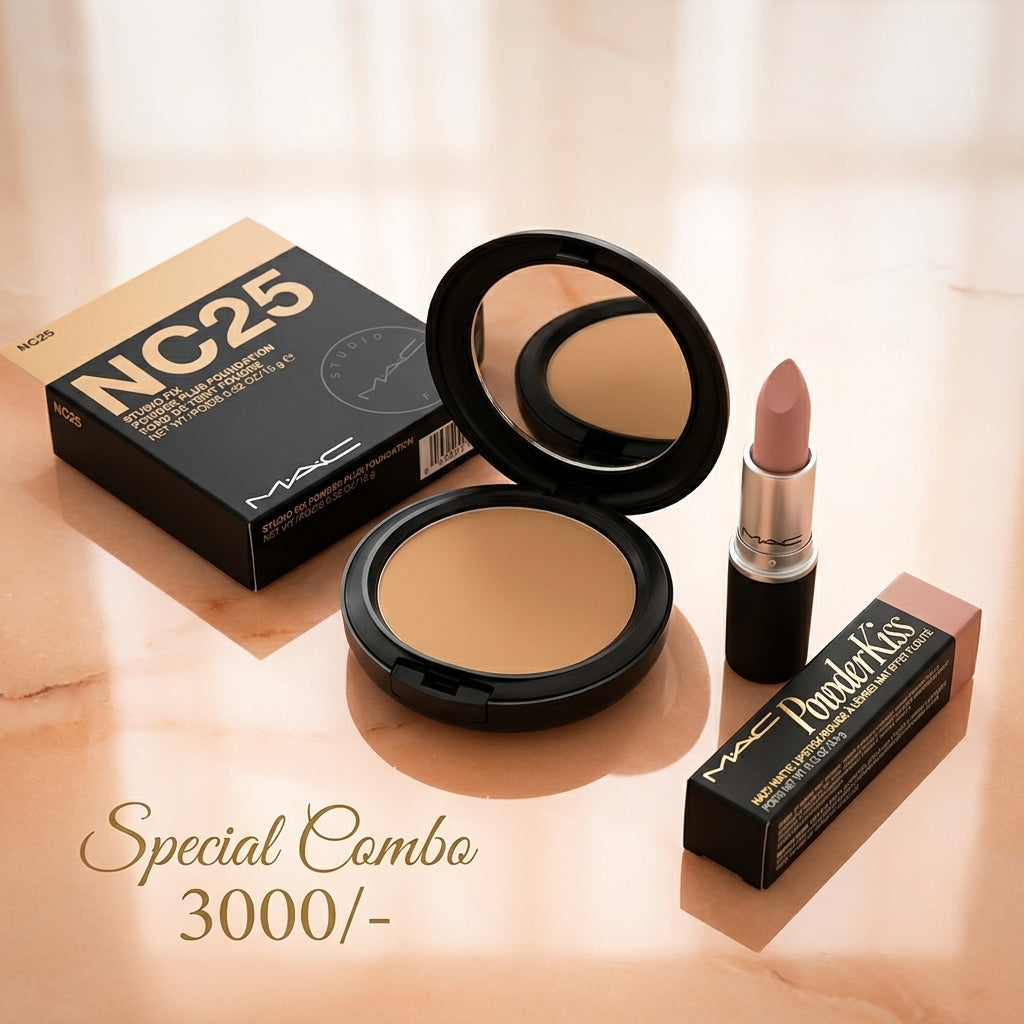 MAC Studio Fix Powder + Powder Kiss Hazy Matte Lipstick Combo